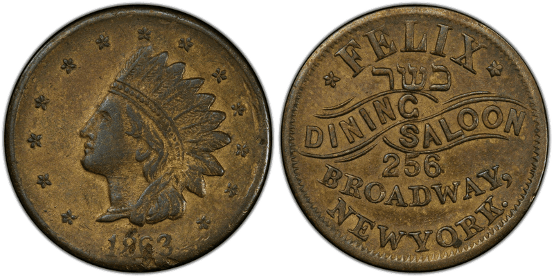 (1863) Brass Civil War Store Card F-630W-1b, Felix Dining Saloon NY
