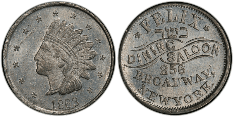 (1863) White Metal Civil War Store Card F-630W-1e, Felix Dining Saloon NY