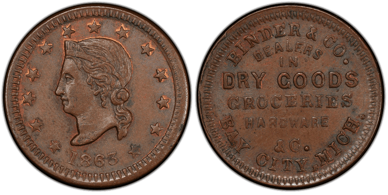 (1863) Copper Civil War Store Card F-65A-1a, Binder & Co. MI