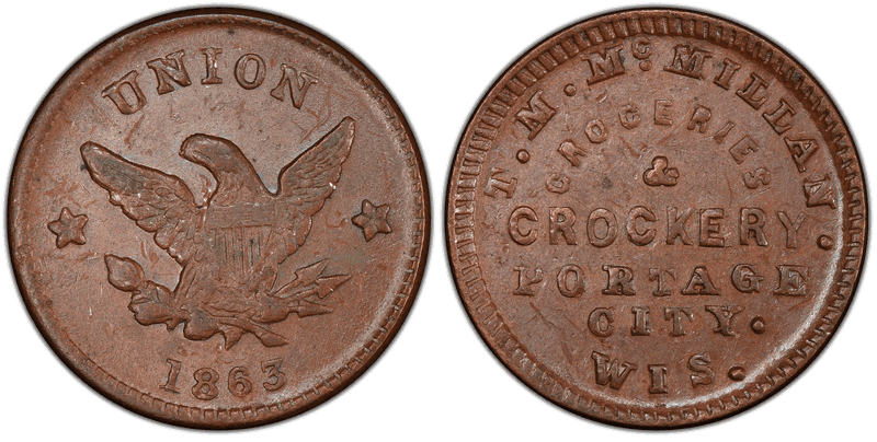(1863) Copper Civil War Store Card F-660A-1a, T.M. McMillan WI