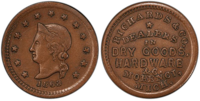 (1863) Copper Civil War Store Card F-660B-1a, Richards & Co. MI