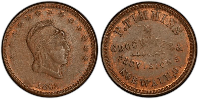 (1863) Copper Civil War Store Card F-670A-1a, P. Timmins OH
