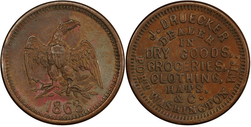 (1863) Copper Civil War Store Card F-680A-1a, J. Druecker WI
