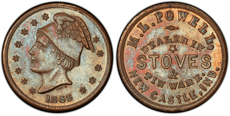 (1863) Copper Civil War Store Card F-690A-1a, M.L. Powell IN