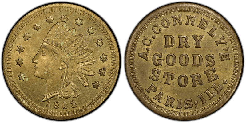 (1863) Brass Civil War Store Card F-690B-2b, A.C. Connely's IL