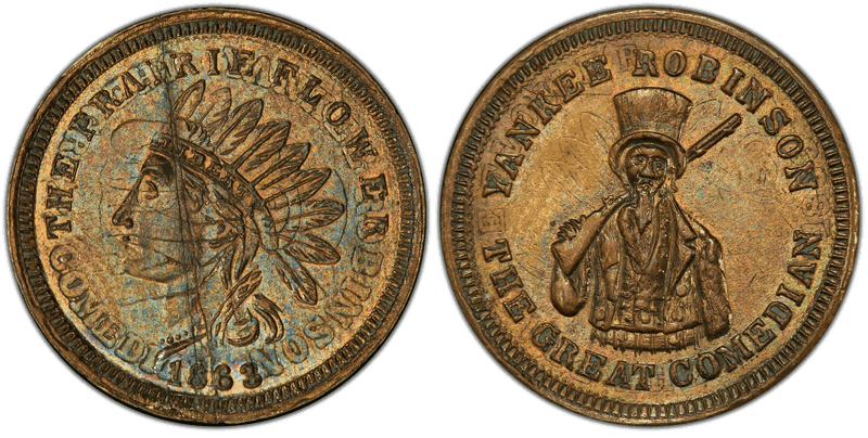 (1863) Brass Civil War Store Card F-692A-7bo, Yankee Robinson, F/O D/S IL