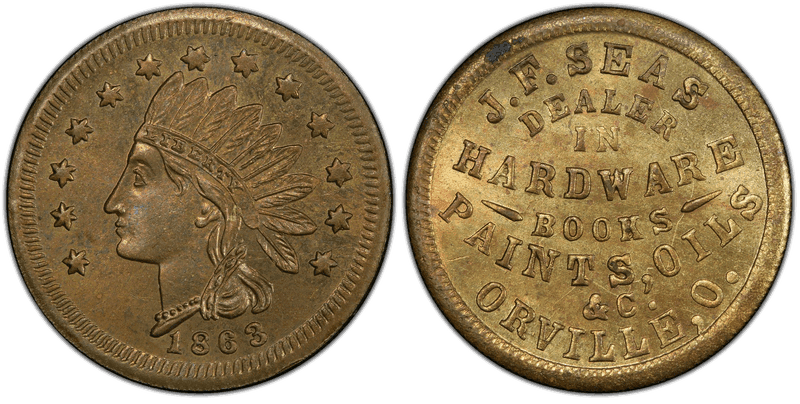 (1863) Brass Civil War Store Card F-695A-4b, J.F. Seas OH