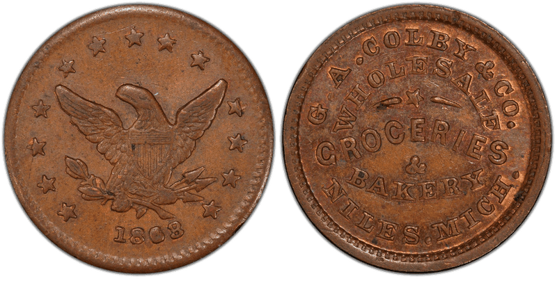 (1863) Copper Civil War Store Card F-700A-1a, G.A. Colby & Co. MI