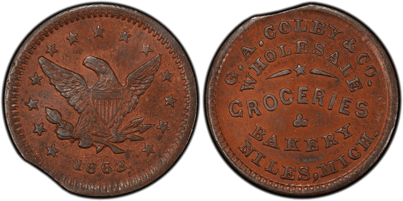 (1863) Copper Civil War Store Card F-700A-2a, G.A. Colby & Co. MI