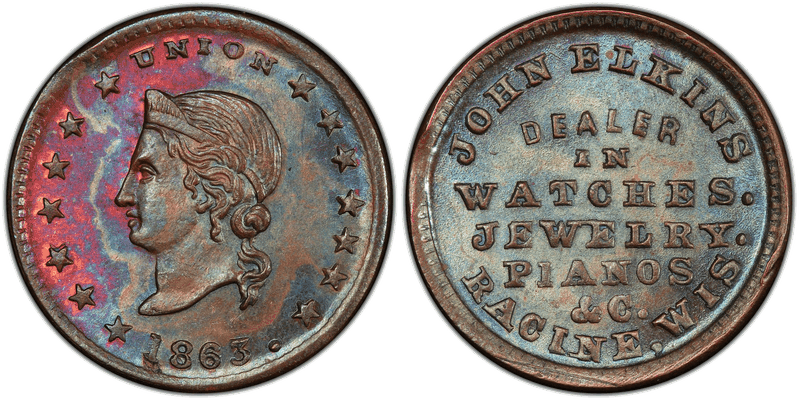 (1863) Copper Civil War Store Card F-700C-3a, John Elkins WI