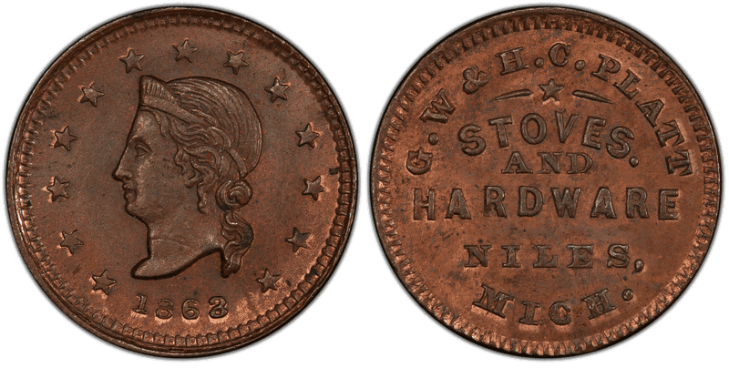 (1863) Copper Civil War Store Card F-700D-2a, G.W & H.C. Platt MI