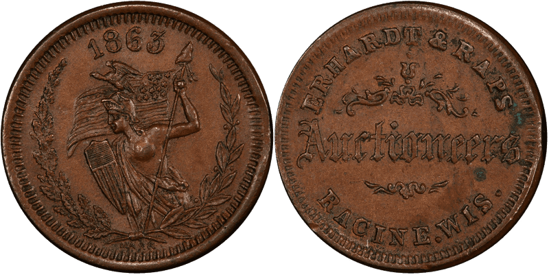 (1863) Copper Civil War Store Card F-700F-1a, Erhardt & Raps WI
