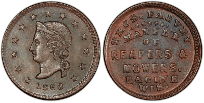 (1863) Copper Civil War Store Card F-700G-1a, Thos. Falvey WI