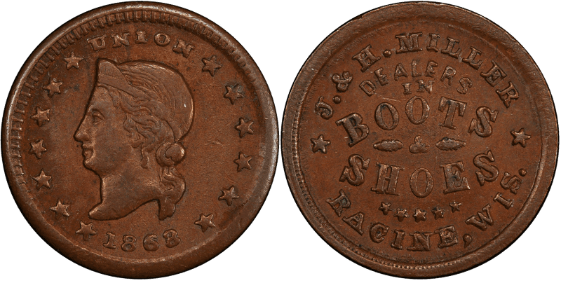 (1863) Copper Civil War Store Card F-700I-2a, J. & H. Miller WI