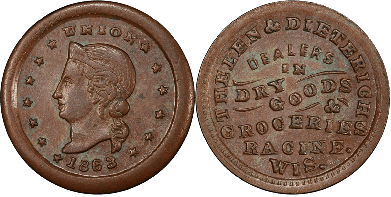 (1863) Copper Civil War Store Card F-700J-1a, Thelen & Dieterich WI