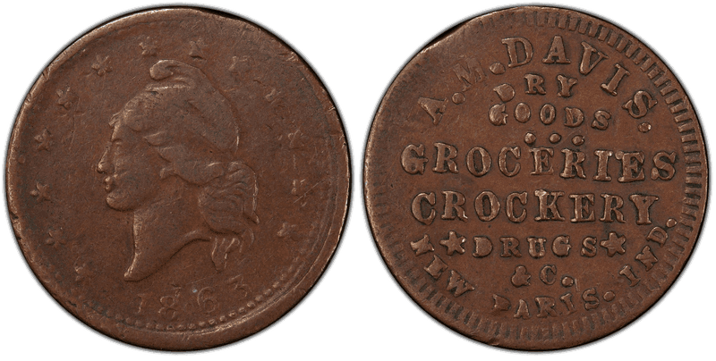 (1863) Copper Civil War Store Card F-710A-1a, A.M. Davis IN