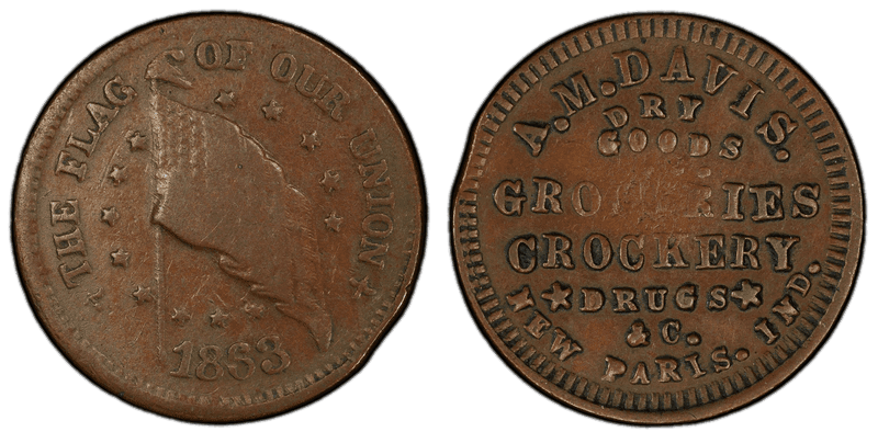 (1863) Copper Civil War Store Card F-710A-3a, A.M. Davis IN