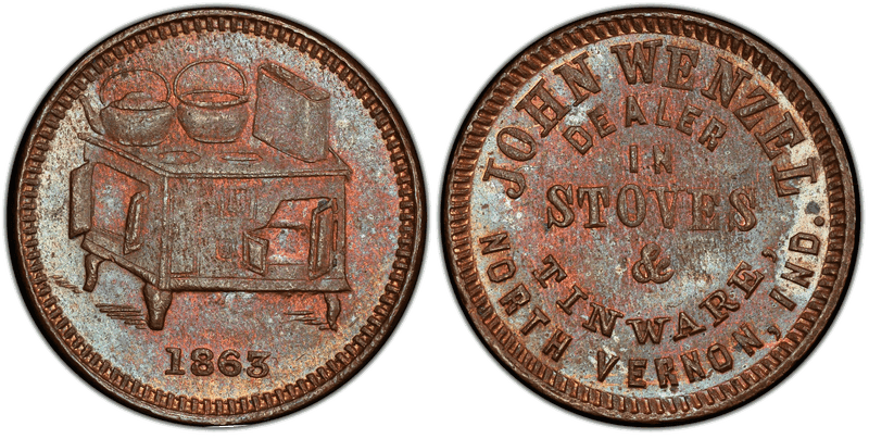 (1863) Copper Civil War Store Card F-715A-1a, John Wenzel IN