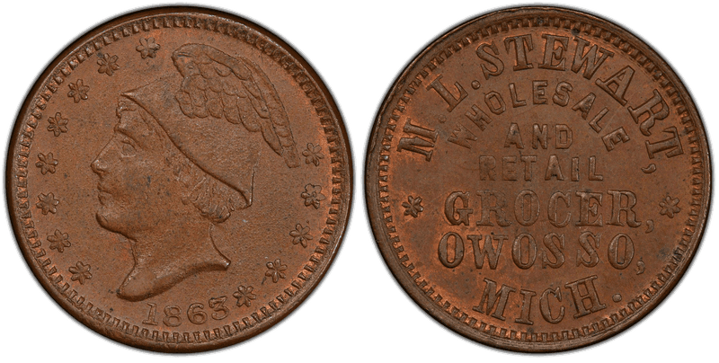(1863) Copper Civil War Store Card F-735B-1a, M.L. Stewart MI