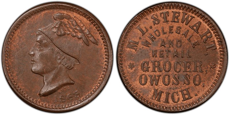(1863) Copper Civil War Store Card F-735B-2a, M.L. Stewart MI