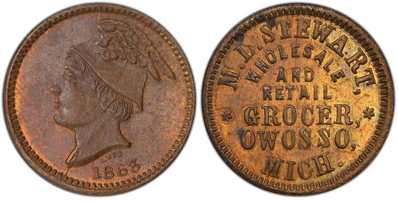(1863) Brass Civil War Store Card F-735B-2b, M.L. Stewart MI