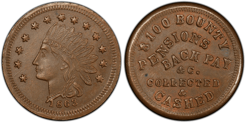 (1863) Copper Civil War Patriotic Token F-73/525a, $100 Bounty Patriotic Civil War Token