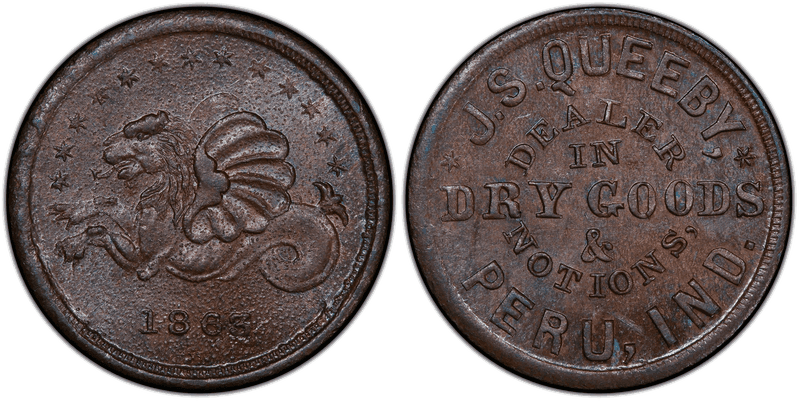 (1863) Copper Civil War Store Card F-740B-2A, J.S. Queeby IN