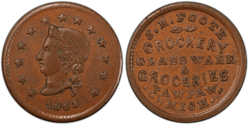 (1863) Copper Civil War Store Card F-745A-1a, J.R. Foote MI