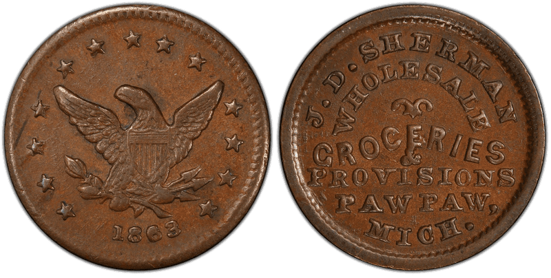 (1863) Copper Civil War Store Card F-745D-2a, J.D. Sherman MI