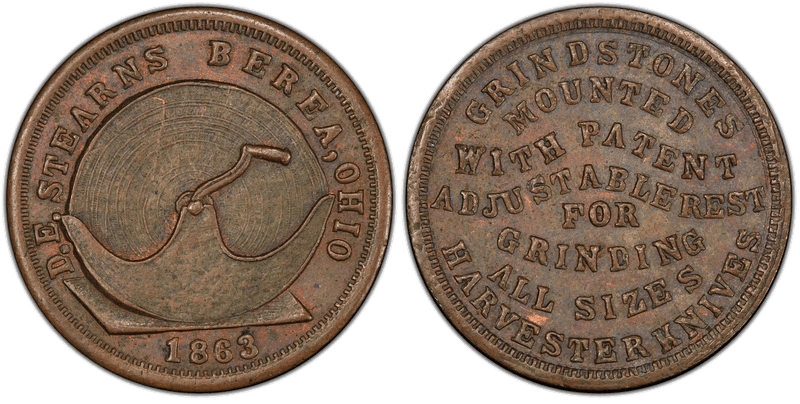 (1863) Copper Civil War Store Card F-74A-11a, D.E. Stearns OH