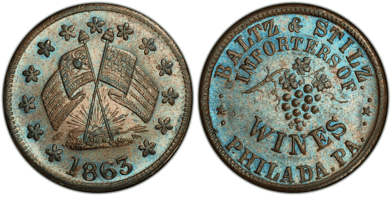 (1863) Copper Civil War Store Card F-750D-1a, Baltz & Stilz PA