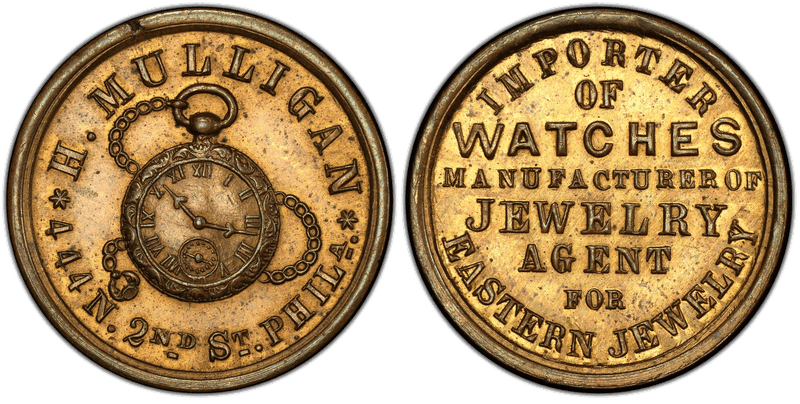 (1863) Brass Civil War Store Card F-750O-1b, H. Mulligan PA