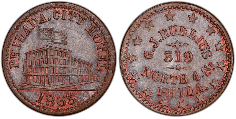 (1863) Copper Civil War Store Card F-750Q-1a, G.J. Ruelius OH