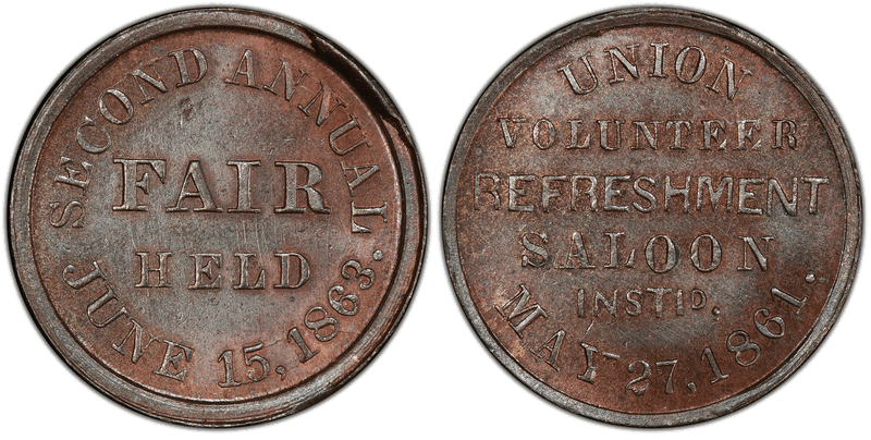 (1863) Copper Civil War Store Card F-750W-3a, Volunteer Refreshment Saloon PA