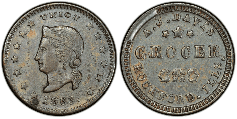 (1863) Copper Civil War Store Card F-755A-2a, A.J. Davis IL