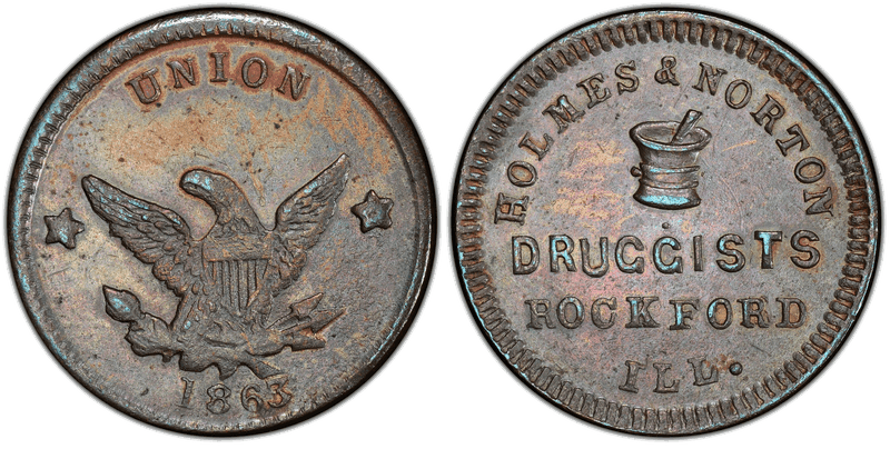 (1863) Copper Civil War Store Card F-755B-1a, Holmes & Norton IL