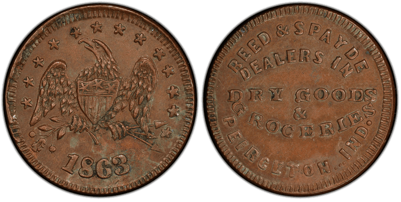 (1863) Copper Civil War Store Card F-760B-1a, Reed & Spayde IN