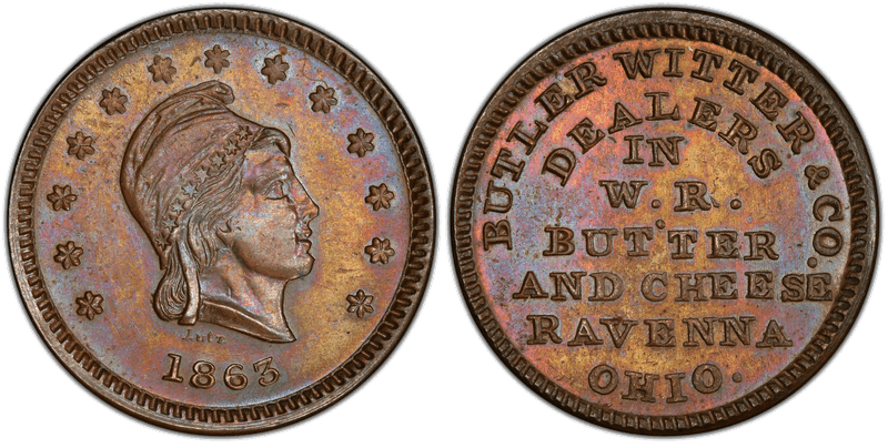 (1863) Copper Civil War Store Card F-765A-2a, Butler Witter & Co. OH