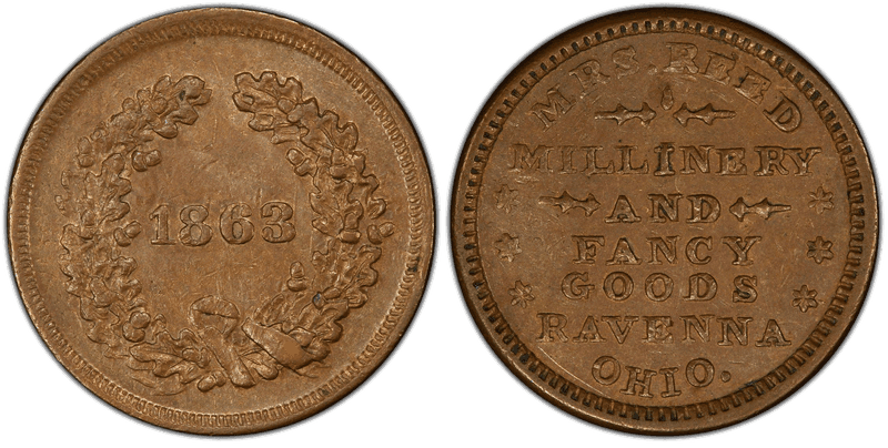(1863) Copper Civil War Store Card F-765D-1a, Mrs. Reed OH
