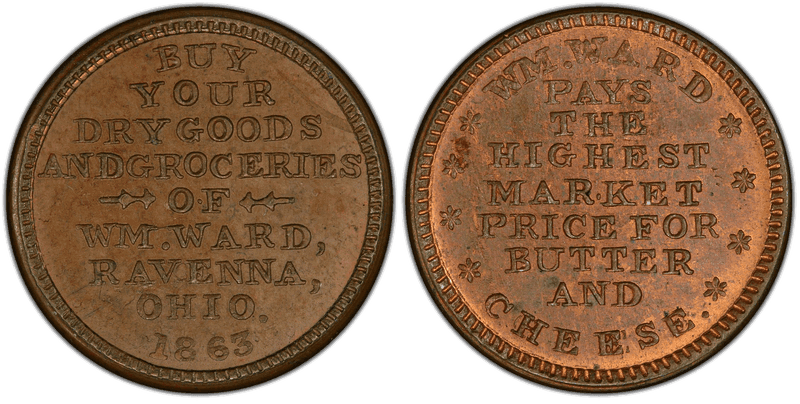 (1863) Copper Civil War Store Card F-765E-1a, Wm. Ward OH
