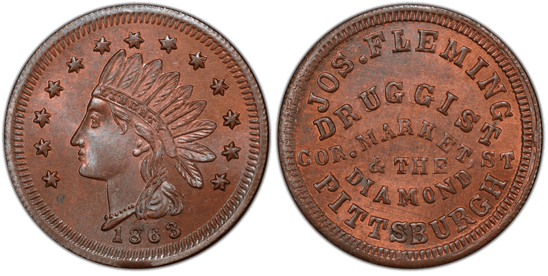 (1863) Copper Civil War Store Card F-765E-4a, Jos. Fleming PA