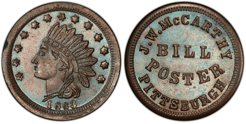 (1863) Copper Civil War Store Card F-765K-1a, J.W. McCarthy PA