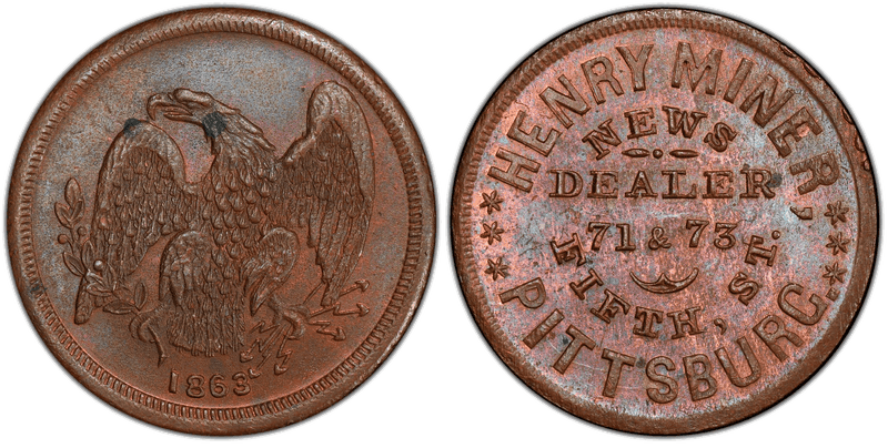 (1863) Copper Civil War Store Card F-765M-5a, Henry Miner PA