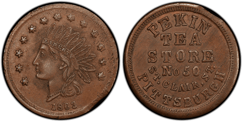 (1863) Copper Civil War Store Card F-765N-7a, Pekin Tea Store PA