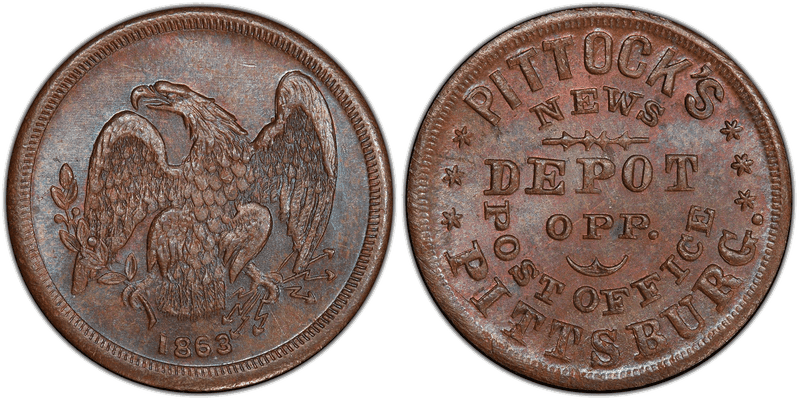 (1863) Copper Civil War Store Card F-765P-15a, Pittock's PA