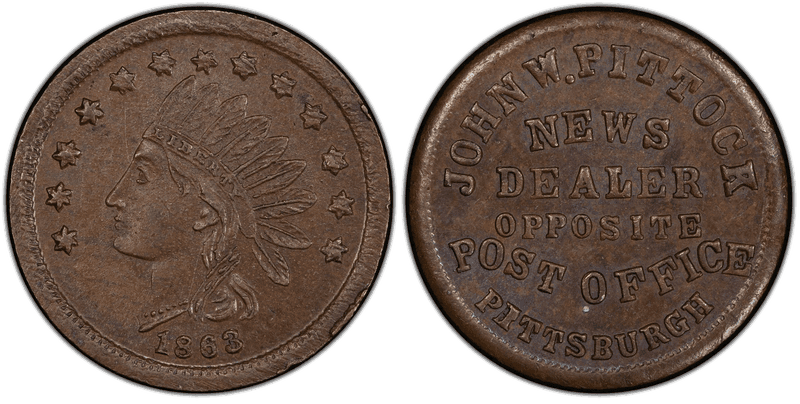 (1863) Copper Civil War Store Card F-765Q-1a, John W. Pittock PA