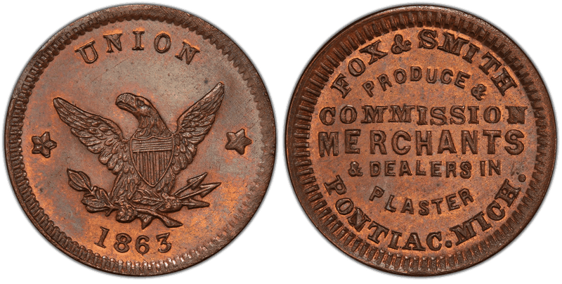 (1863) Copper Civil War Store Card F-770A-2a, Fox & Smith MI