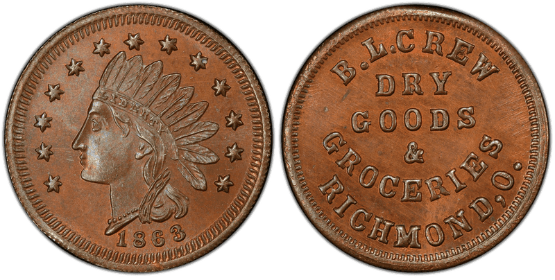 (1863) Copper Civil War Store Card F-770A-2a, B.L. Crew OH