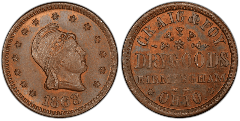 (1863) Copper Civil War Store Card F-79A-2a, Craig & Foy OH