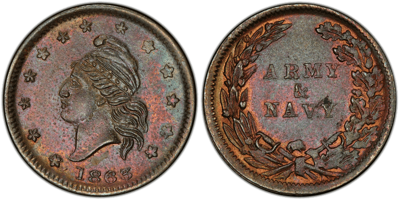 (1863) Copper Civil War Patriotic Token F-7/315a, Army & Navy